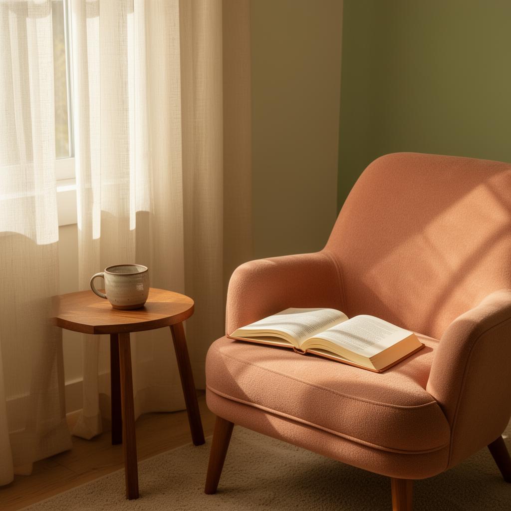 A warm, sunlit therapy space with a soft chair and journal